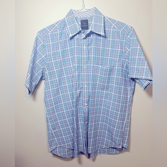 Tailorbyrd 1930 Collection blue and purple gingham short sleeve button down Sz M - Picture 1 of 10